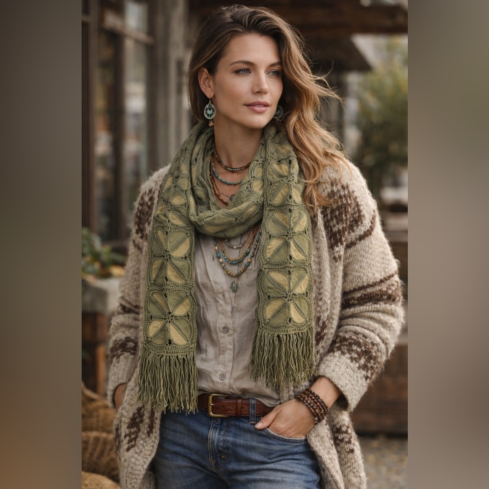 Woven Leather & Crochet shall Fringe Scarf